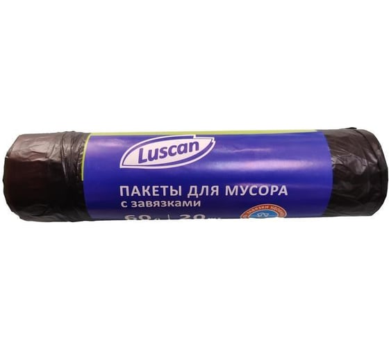 Изображение товара Мешки для мусора с завязками в рулоне (20 шт, 680х580 мм, 60 л, 12 мкм, ПНД, черные) Luscan 1511001