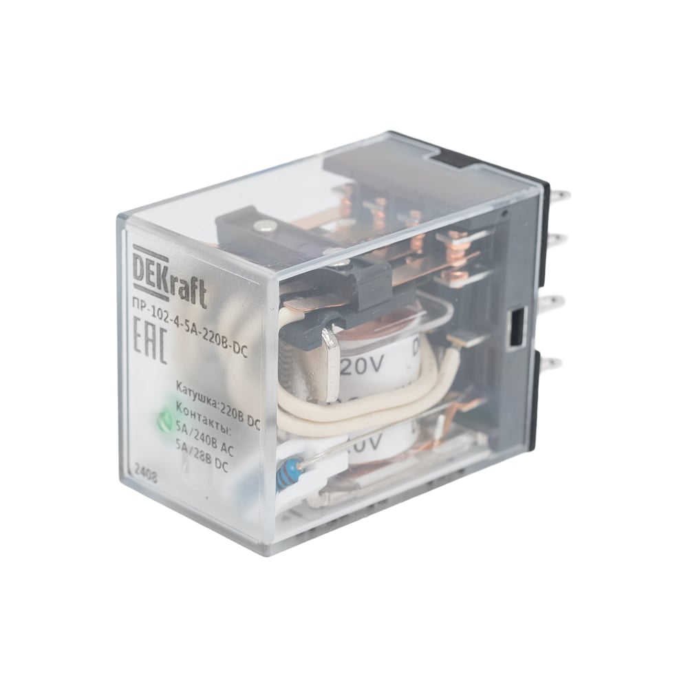 Изображение товара Промежуточное реле DEKraft пр-102 с 4 контактами, LED индикацией, 220В DC