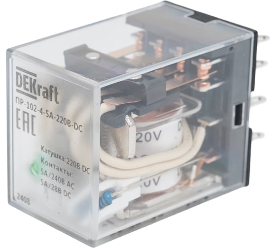 Изображение товара Промежуточное реле DEKraft 4 контакта, с led индикацией, 5а, 220в dc, пр-102 23892DEK