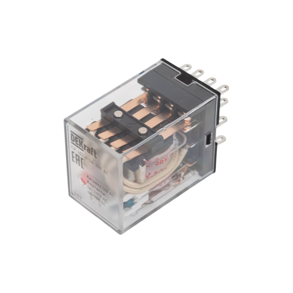 Изображение товара Промежуточное реле DEKraft 4 контакта, с led индикацией, 5а, 36в ac, пр-102 23896DEK