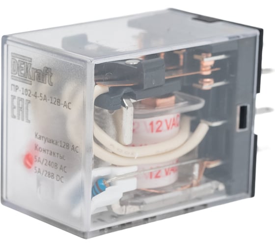 Изображение товара Промежуточное реле DEKraft 4 контакта, с led индикацией, 5а, 12в ac, пр-102 23894DEK