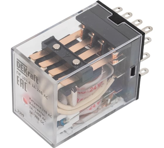 Изображение товара Промежуточное реле DEKraft 4 контакта, с led индикацией, 3а, 24в ac, пр-102 23820DEK