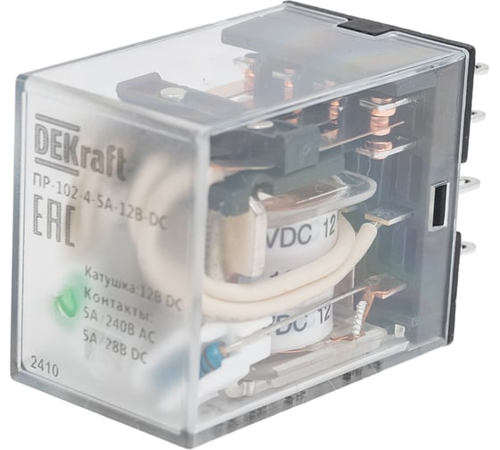 Изображение товара Промежуточное реле DEKraft 4 контакта, с led индикацией, 5а, 12в dc, пр-102 23886DEK