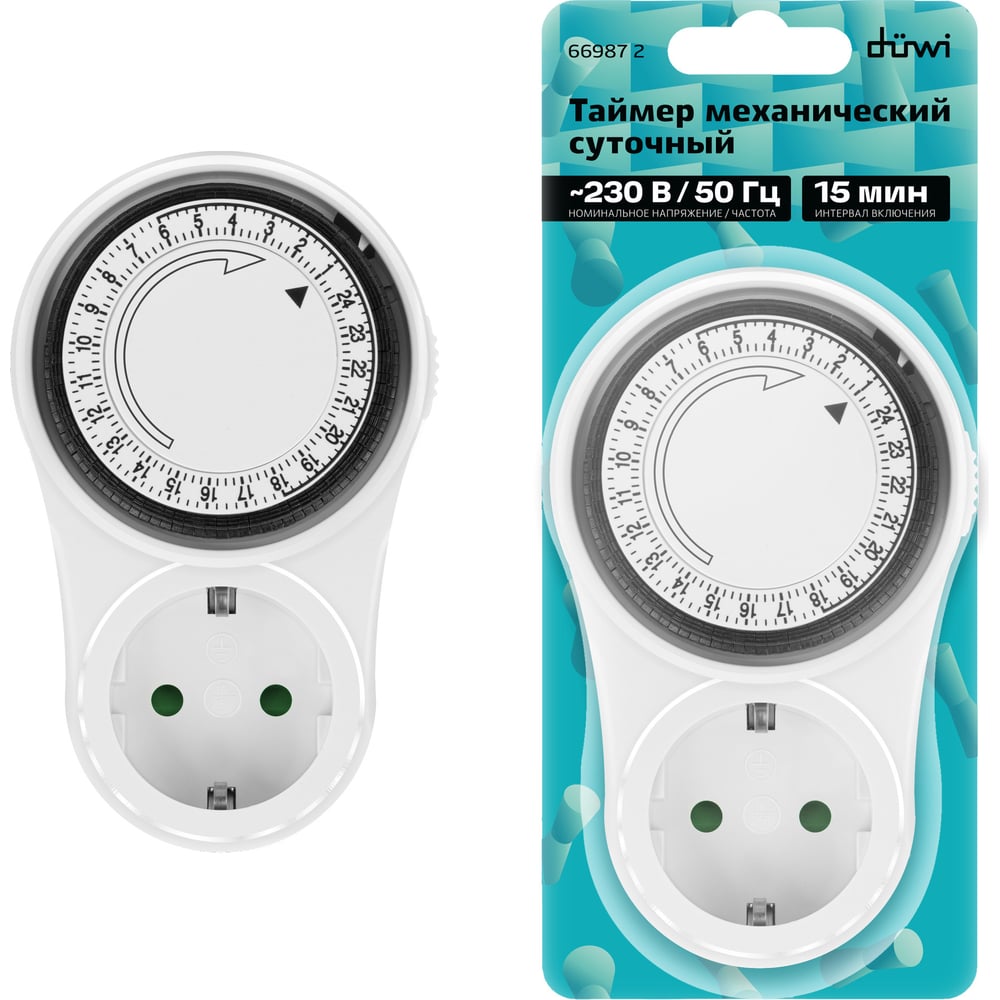 Изображение товара Механический суточный таймер duwi интервал включения 15мин 96 вкл/выкл 3680Вт IP20 белый