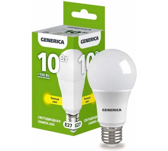 Изображение товара Светодиодная лампа GENERICA A60 груша 10Вт 230В 3000К E27 LL-A60-10-230-30-E27-G