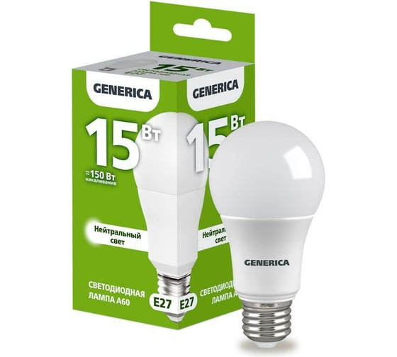 Изображение товара Светодиодная лампа GENERICA A60 груша 15Вт 230В 4000К E27 LL-A60-15-230-40-E27-G