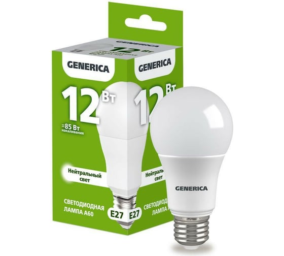 Изображение товара Светодиодная лампа GENERICA A60 груша 12Вт 230В 4000К E27 LL-A60-12-230-40-E27-G