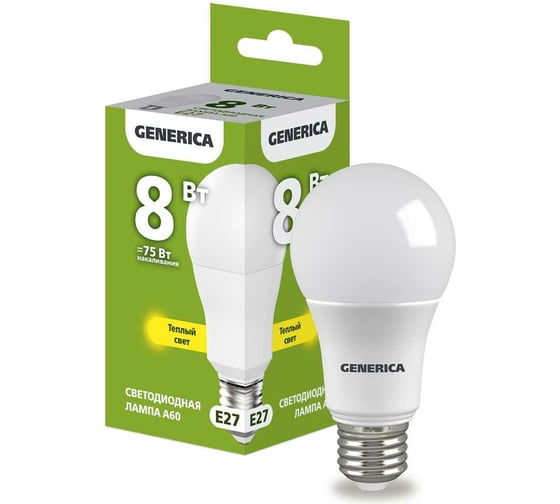 Изображение товара Светодиодная лампа GENERICA A60 груша 8Вт 230В 3000К E27 LL-A60-08-230-30-E27-G