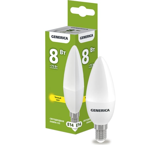 Изображение товара Светодиодная лампа GENERICA C35 свеча 8Вт 230В 3000К E14 LL-C35-08-230-30-E14-G
