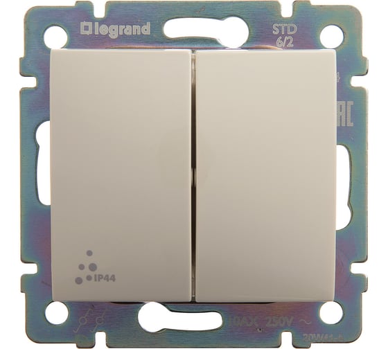 Изображение товара Переключатель Legrand двухклавишный IP44 Legrand Valena 10А 250В схема 6/2 безвинтовые зажимы слоновая кость 774198