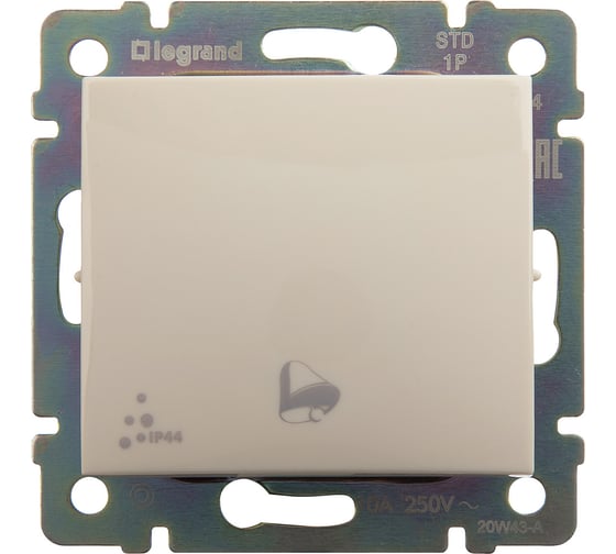 Изображение товара Выключатель Legrand кнопочный одноклавишный с символом звонка IP44 Legrand Valena 10А 250В схема 1P безвинтовые зажимы слоновая кость 774199