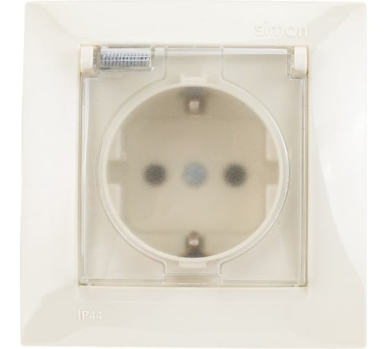 Изображение товара Розетка с заземлением, шторками и крышкой IP-44 слоновая кость Simon 1590450-031