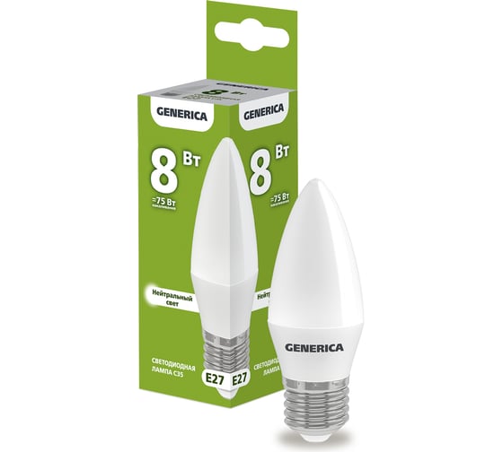 Изображение товара Светодиодная лампа GENERICA C35 свеча 8Вт 230В 4000К E27 LL-C35-08-230-40-E27-G