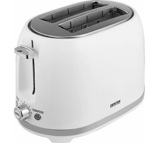 Изображение товара Тостер Centek белый, 850 Вт, 7 уровней прожарки, 2 тоста, поддон, стоп, подогрев, разморозка CT-1432 WHITE
