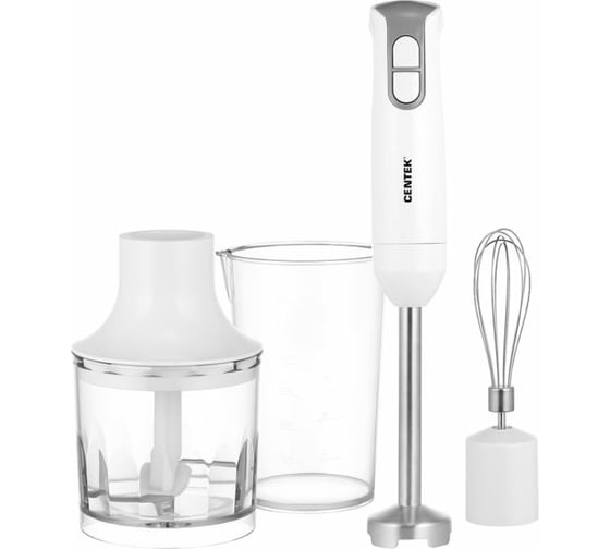 Изображение товара Блендер Centek белый/серый, 800 Вт, DC мотор, стальная насадка, стакан 600 мл, чоппер, венчик CT-1336