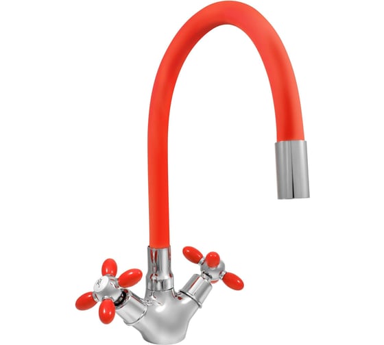 Изображение товара Смеситель для мойки Juguni двуручный, с гибким силиконовым изливом (красный), креп. гайка, 0402.142