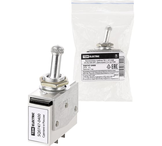 Изображение товара Выключатель-тумблер TDM ELECTRIC тв1-1 2p 250 в 5 а (4c) on-off с фиксацией (1з+1р) SQ0747-0400