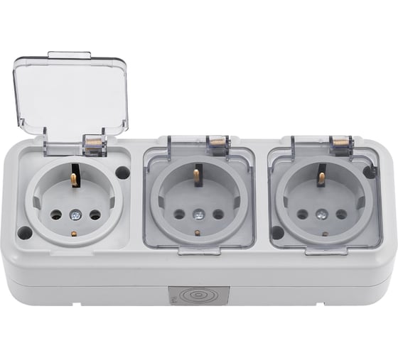 Изображение товара 3-местная розетка Bylectrica ОУ с с заземлением, IP54, с прозрачной крышкой, ПРАЛЕСКА АКВА, серый, РА16-0132(02)