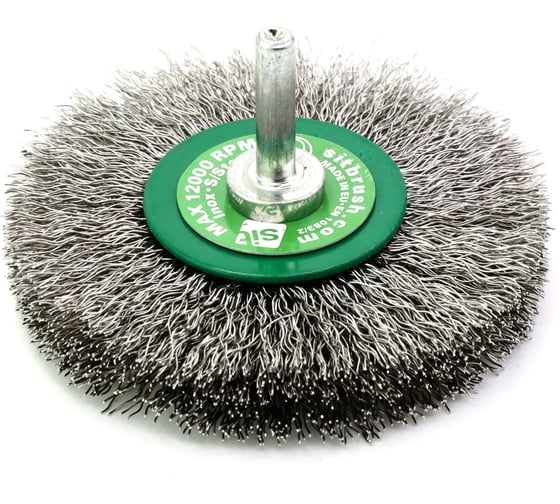 Изображение товара Щетка концевая для дрели 80х12 мм, хв-к 6 мм, проволока гофрированная нерж. сталь 0.3 мм SIT 0976