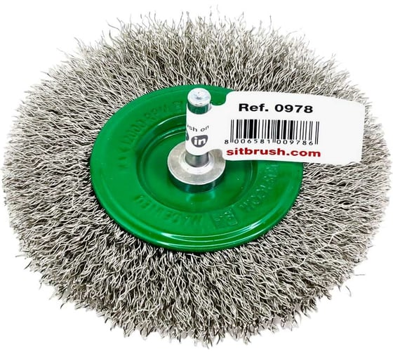Изображение товара Щетка концевая для дрели 100х9 мм, хв-к 6 мм, проволока гофрированная нерж. сталь 0.3 мм SIT 0978