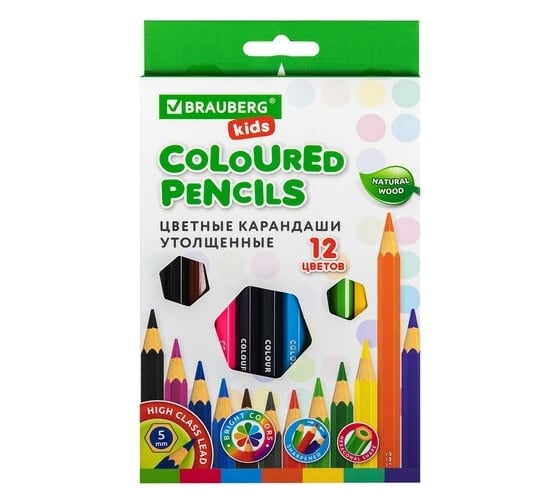 Изображение товара Цветные утолщенные карандаши BRAUBERG Kids 12 цветов, грифель 5 мм 181878
