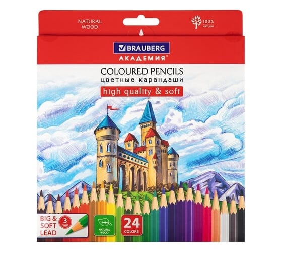 Изображение товара Цветные мягкие карандаши BRAUBERG Академия 24 цвета, шестигранные, грифель 3 мм 181866