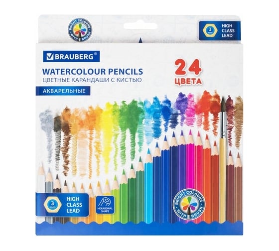 Изображение товара Цветные акварельные карандаши BRAUBERG классические, мягкие, 24 цвета, с кистью 181849