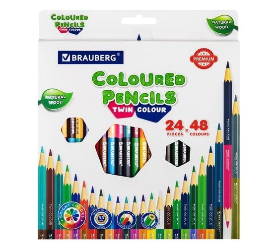 Изображение товара Цветные мягкие двусторонние карандаши BRAUBERG Premium Twin Colour 24 штуки, 48 цветов 181875
