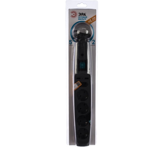 Изображение товара Сетевой фильтр 5 розеток, 2 USB, 2м, с/з, шторками и выключателем, черный, SFU-5es-2m-B ЭРА C0043326