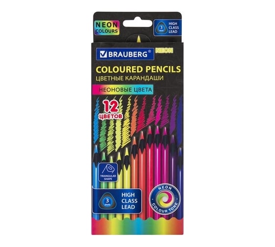 Изображение товара Цветные карандаши BRAUBERG Neon 12 неоновых цветов, черное дерево, трёхгранные 181852