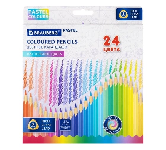 Изображение товара Цветные карандаши BRAUBERG Pastel 24 пастельных цвета, трёхгранные, грифель 3 мм 181851