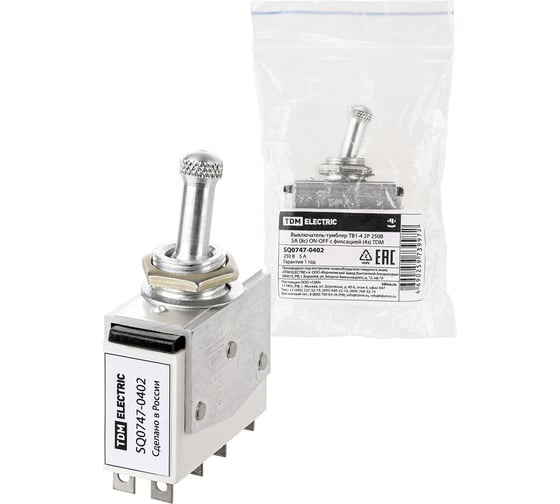 Изображение товара Выключатель-тумблер TDM ELECTRIC тв1-4 2p 250 в 5 а (8c) on-off с фиксацией (4з) SQ0747-0402