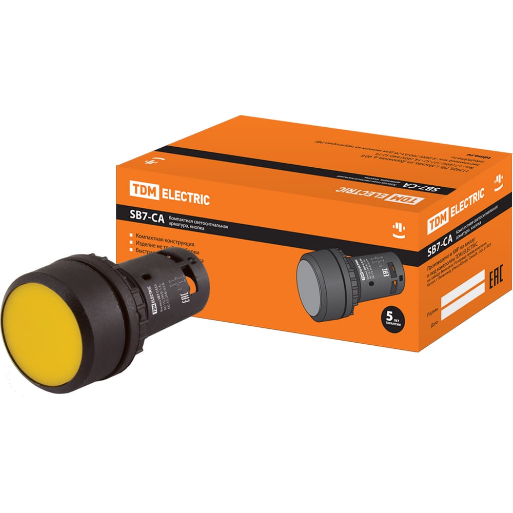 Изображение товара Кнопка силовая TDM ELECTRIC sb7-ca55 22 мм желтая IP54