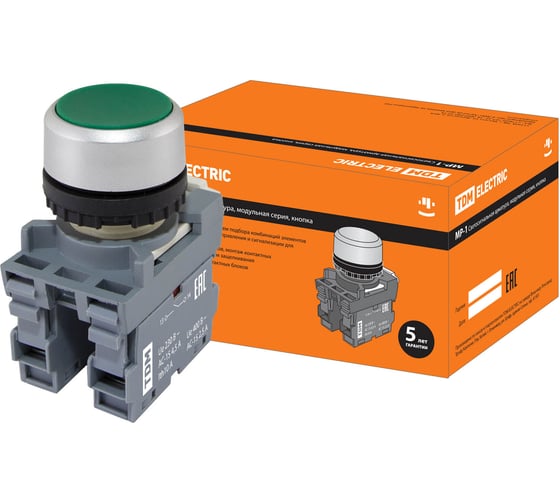 Изображение товара Кнопка TDM ELECTRIC mp1-20g в сборе d22мм 1з+1р зеленая SQ0747-0002