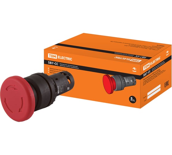Изображение товара Кнопка TDM ELECTRIC грибовидная, возврат поворотом sb7-ccs545 d35мм 1з+1р красная SQ0746-0048