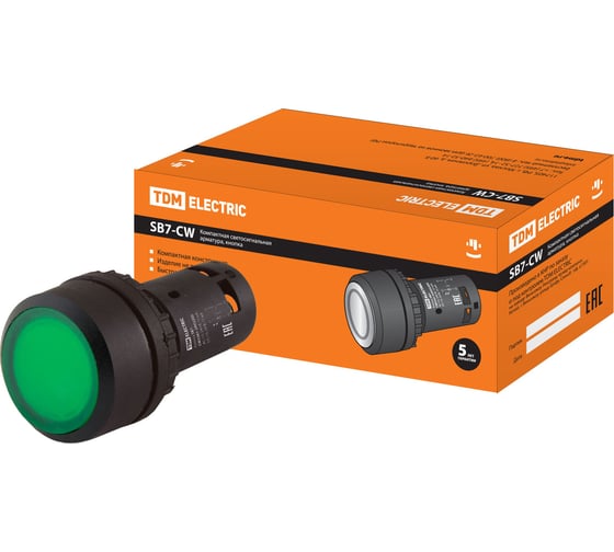 Изображение товара Кнопка TDM ELECTRIC sb7-cw3361-24v(led) d22мм 1з, зеленая SQ0746-0026