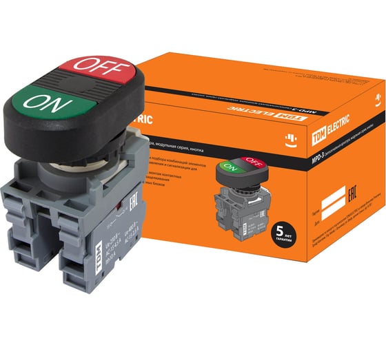 Изображение товара Кнопка TDM ELECTRIC двойная mpd3-11в (зеленая/красная) в сборе d22мм (on/off) SQ0747-0044