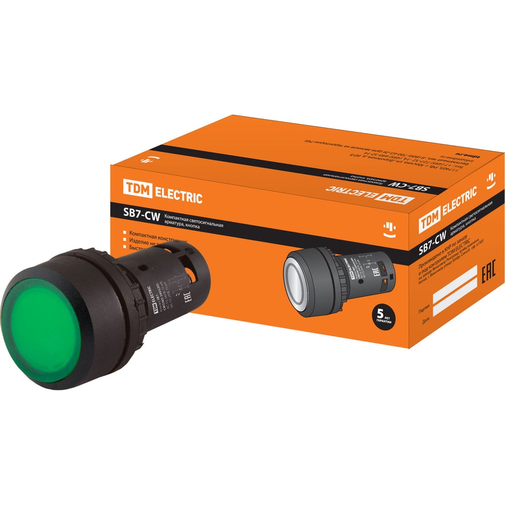 Изображение товара Кнопка TDM ELECTRIC sb7-cw3365-24v(led) d22мм 1з+1р зеленая SQ0746-0034