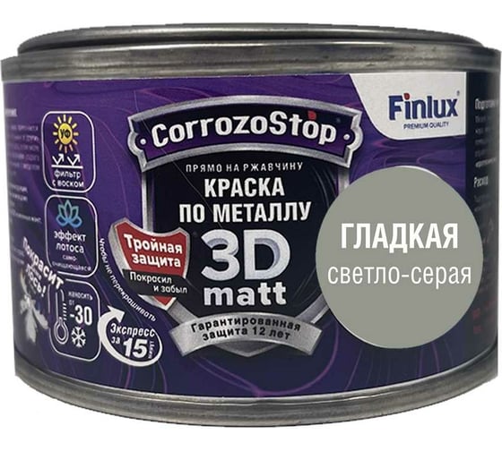 Изображение товара Быстросохнущая грунт-эмаль по металлу, ржавчине Finlux F-115 CorrozoStop Ral 7042 Серый, 0.25 л 4603783210701