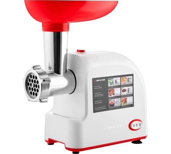 Изображение товара Мясорубка BRAYER 1500 Вт, реверс, насадки кеббе, колбасы, овощи, 2 диска BR1603