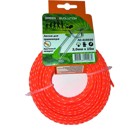 Изображение товара Леска 3 мм, 15 м, крученый квадрат для триммера Green Revolution ЛС-415030