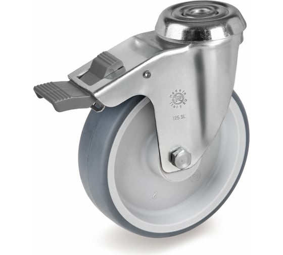 Изображение товара Колесо промышленное поворотное с тормозом 125 мм, 120 кг, серая немаркая резина, полипропилен Tellure rota 716203