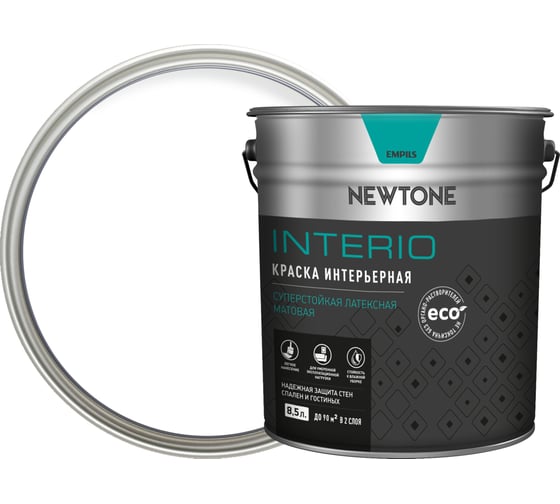 Изображение товара Интерьерная краска Newtone ВД INTERIO, суперстойкая, латексная, База А NEW, 8.5 л, 12.7 кг 81576