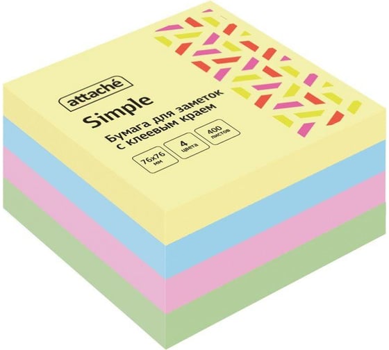 Изображение товара Стикеры Attache Simple 76x76 мм пастельные 4 цвета 1 блок, 400 листов 1635532