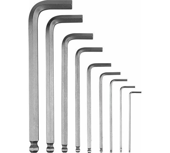 Изображение товара Набор удлиненных имбусовых ключей Denzel HEX 2-12 мм, CRV, с шаром, 9 шт. 12365