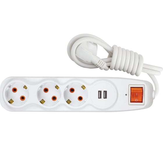 Изображение товара 3-местный сетевой фильтр Nilson с заземляющим контактом, 2 порта USB 2,4А, 1,5 м. с выключателем 44134115