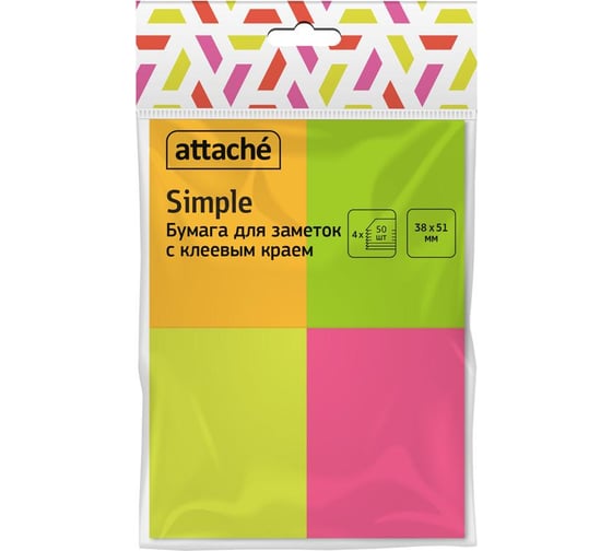 Изображение товара Стикеры Attache 38x51 мм неоновые 4 цвета 4 блока, 200 листов 1556510