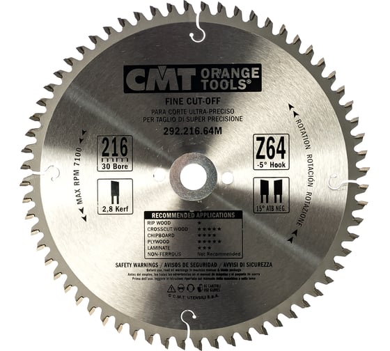 Изображение товара Диск пильный по дереву (216х30х2,8/1,8 мм; Z64) CMT 292.216.64M