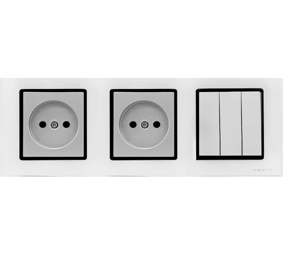 Изображение товара Комплект Metronex Electric Exclusive Silver - Выключатель 3-клавишный + розетки без заземления FRM050307SER