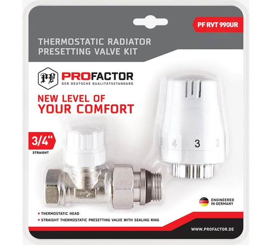 Изображение товара Комплект радиатора PROFACTOR термостатический, прямой, с преднастройкой и уплотнением, 3/4 PF RVT 990UR